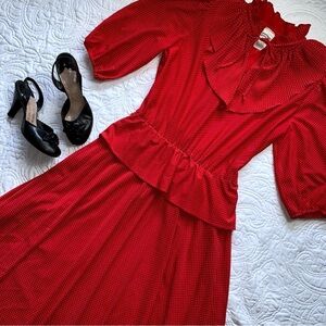 Vintage 70s 80s Red White Polka Dot Peplum Midi Dress Medium-Large